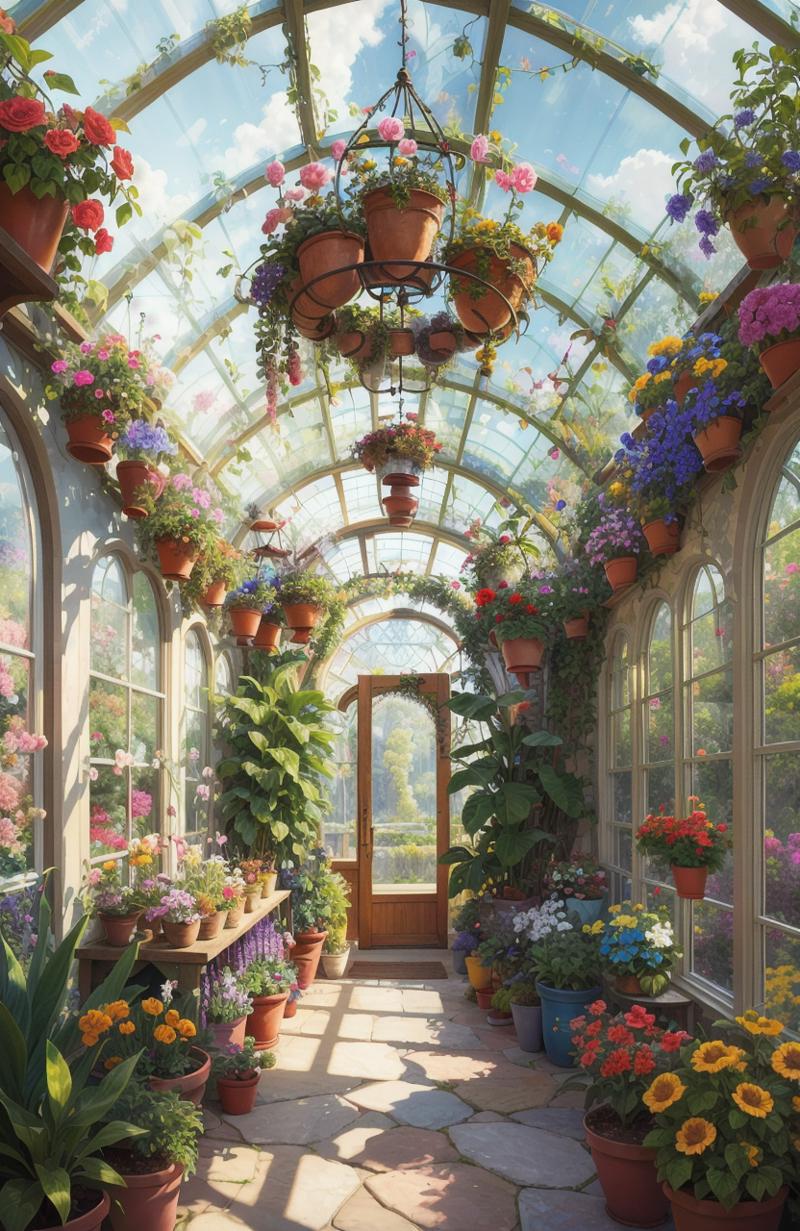 00186-3882042329-A digital painting of a luxurious and colorful greenhouse filled with exotic plants and flowers, with natural light flowing thro.png